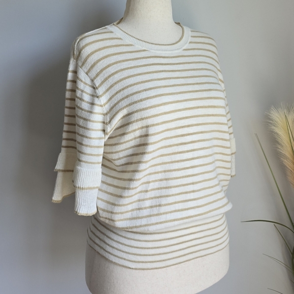 Ann Taylor New Coastal Striped Linen Blend Ruffle Sleeve Knit Top Size Large - Picture 5 of 13